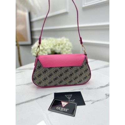 Сумка женская Guess багет коричневый с фуксии мини на плечо Гесс