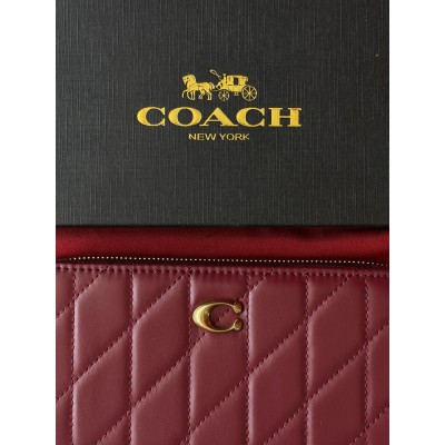 Женский кошелек Coach Quilted Leather Zip Around Long Walle бордовый большой Коуч