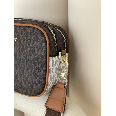 Сумка жіноча Michael Kors крос-боді коричневий + білий на широкому ремені Майкл Корс