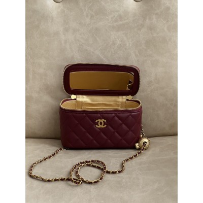 Сумка жіноча клатч Chanel Classic Lambskin Pearl Crush Vanity Bag Premium бордовий класичний Шанель