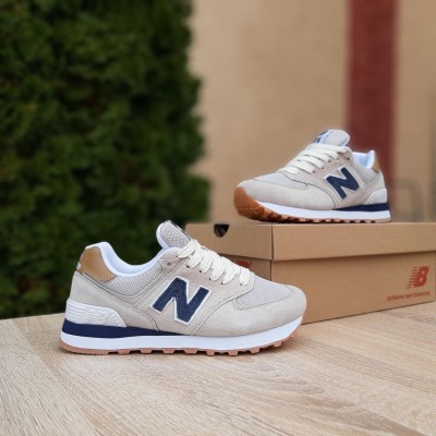 New Balance 574 Classic серые с синим на бежевом, Размер 37