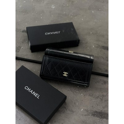 Жіночий гаманець Chanel чорний глянсовий подвійний Шанель із коробкою