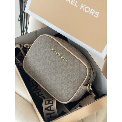 Сумка жіноча Michael Kors крос-боді сірий + пудровий на широкому ремені Майкл Корс