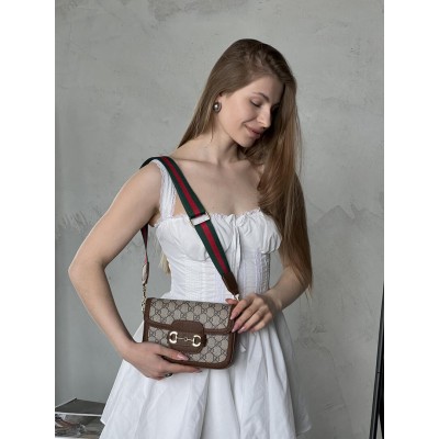 Сумка жіноча Gucci Horsebit 1955 Mini Bag крос боді Гуччі коричневий міні