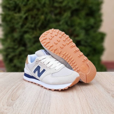 New Balance 574 Classic серые с синим на бежевом, Размер 37