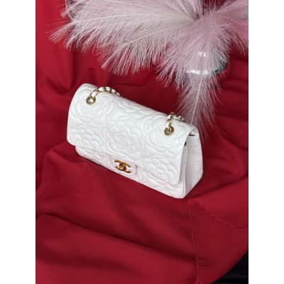 Сумка жіноча клатч через плече Chanel Classic Double Flap Bag Camellia PREMIUM Шанель білий золото