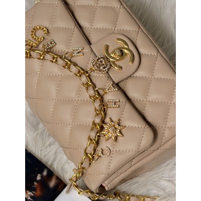 Клатч жіночий сумка Chanel Mini Lambskin Coco Charms Rectangular Classic через плече бежевий Шанель маленька