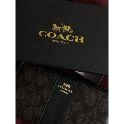 Жіночий гаманець Coach темно коричневий зі смужкою на багато відділень великий Коуч