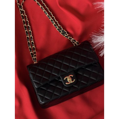 Сумка жіноча клатч через плече Chanel Classic Double Flap Bag PREMIUM Шанель чорний золото