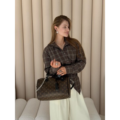 Жіноча сумка Louis Vuitton Speedy Soft 30 Dark великий коричневий срібло через плече Луї Віттон
