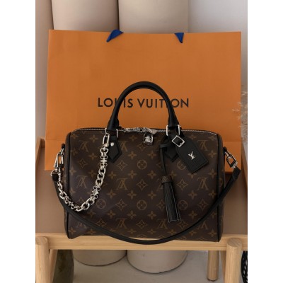 Жіноча сумка Louis Vuitton Speedy Soft 30 Dark великий коричневий срібло через плече Луї Віттон Жіноча сумка Louis Vuitton Speedy Soft 30 Dark великий коричневий срібло через плече Луї Віттон