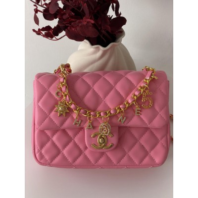 Женская сумка клатч Chanel Mini Lambskin Coco Charms Rectangular Classic через плечо розовый Шанель маленькая
