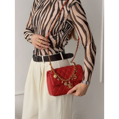 Клатч жіноча сумка Chanel Mini Lambskin Coco Charms Rectangular Classic через плече червоний Шанель маленька