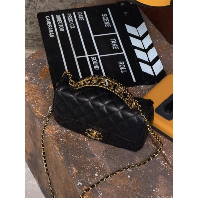 Клатч жіноча сумка Chanel Letter Logo Top Handle Flap Wallet on Chain через плече чорний Шанель маленька