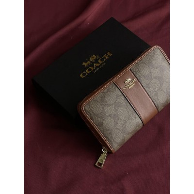 Жіночий гаманець Coach коричневий зі смужкою на багато відділень великий Коуч