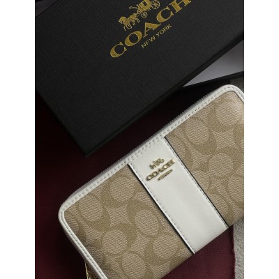 Жіночий гаманець Coach молочний із смужкою на багато відділень великий Коуч