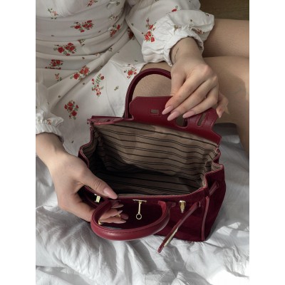 Сумка жіноча в стилі Hermes у замші Ермес Medium бордовий через плече