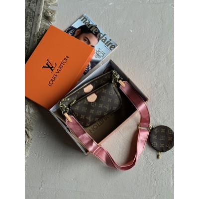 Сумка Луї Вітон 3 в 1 Louis Vuitton Multi Pochette, коричневий клатч + рожевий через плече Луї Вітон 3 в 1