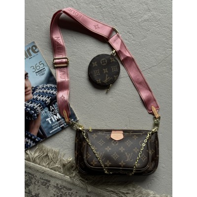 Сумка Луї Вітон 3 в 1 Louis Vuitton Multi Pochette, коричневий клатч + рожевий через плече Луї Вітон 3 в 1