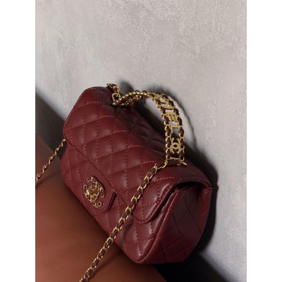 Женская сумка клатч Chanel Letter Logo Top Handle Flap Wallet on Chain через плечо бордовый Шанель маленькая