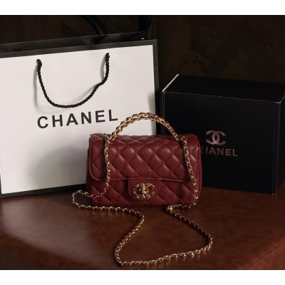 Женская сумка клатч Chanel Letter Logo Top Handle Flap Wallet on Chain через плечо бордовый Шанель маленькая