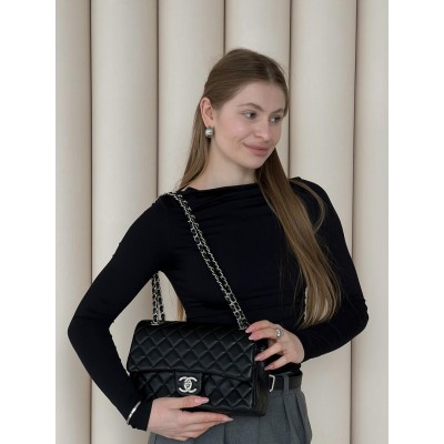 Сумка жіноча клатч через плече Chanel Classic Double Flap Bag PREMIUM Шанель чорний срібло