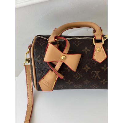 Жіноча сумка Louis Vuitton Nano Speedy барильце коричневе через плече Луї Віттон