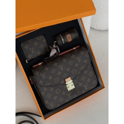 Жіноча сумка Луї Віттон коричневий Metis Пошет. Подарунковий набір Louis Vuitton жіночий 3 предмети