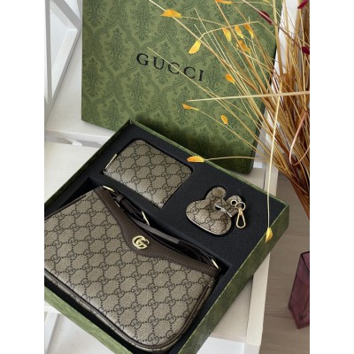 Жіноча сумка клатч Гуччі коричневий. Подарунковий набір Gucci Ophidia жіночий 3 предмети