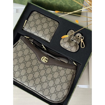 Жіноча сумка клатч Гуччі коричневий. Подарунковий набір Gucci Ophidia жіночий 3 предмети
