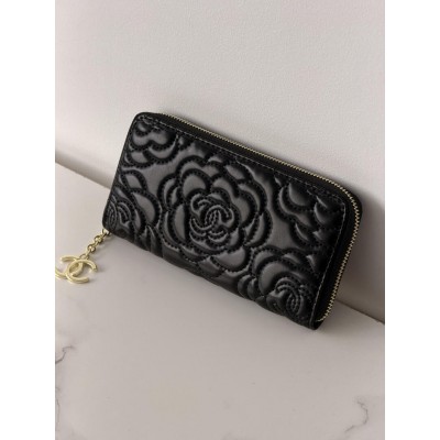 Гаманець жіночий Chanel Camellia чорний із коробкою Шанель