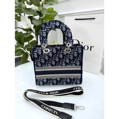 Женская сумка клатч Кристиан Диор синяя с текстильными ручками Dior