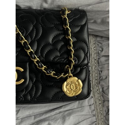 Сумка жіноча клатч через плече Chanel Classic Double Flap Bag Camellia PREMIUM Шанель чорний золото