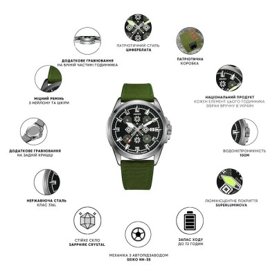 Awarder Embroidery Black-Army Green Green Automatic 10ATM